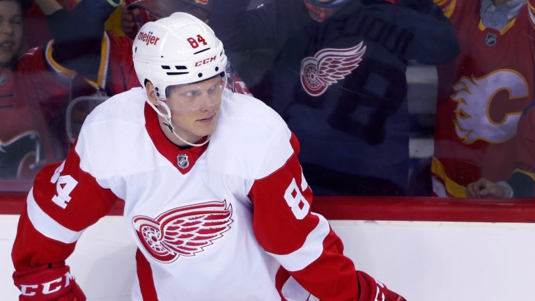 NHL profile photo on Detroit Red Wings player Olli Juolevi, from Finland, at a game against the Calgary Flames in Calgary, Alta. on March 12, 2022. (Larry MacDougal/CP)