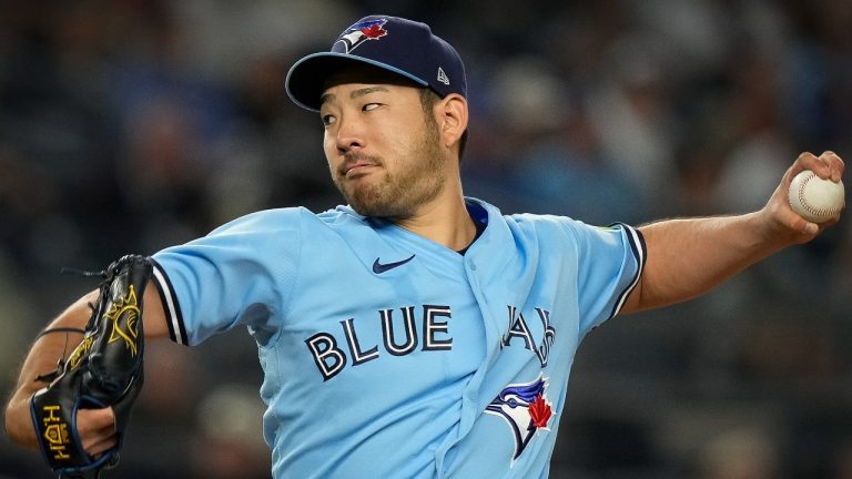 Toronto Blue Jays starting pitcher Yusei Kikuchi throws to a New York Yankees batter during the first inning of a baseball game Tuesday, Sept. 19, 2023, in New York. (Bryan Woolston/AP)