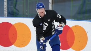 Toronto Maple Leafs defenceman John Klingberg, right, breaks up ice at practices during the opening week of their NHL training camp. (Nathan Denette/THE CANADIAN PRESS)