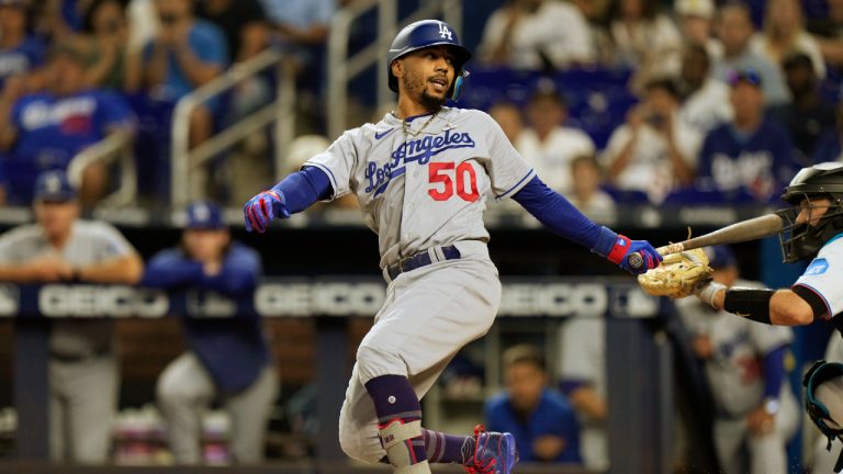 Los Angeles Dodgers' Mookie Betts reacts as he strikes out swinging during the first inning of a baseball game against the Miami Marlins, Wednesday, Sept. 6, 2023, in Miami. (Wilfredo Lee/AP)