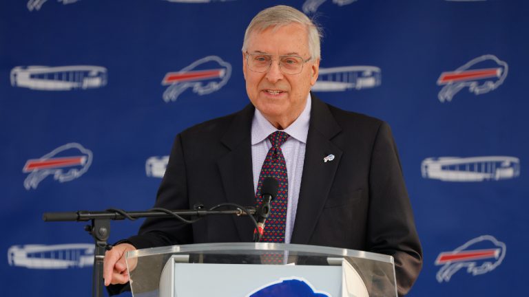 Buffalo Bills owner Terry Pegula speaks prior to the groundbreaking ceremony at the site of the new Bills Stadium in Orchard Park, N.Y., Monday June 5, 2023. (Jeffrey T. Barnes/AP)