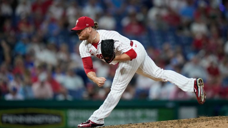 Philadelphia Phillies' Craig Kimbrel plays during the second baseball game in a doubleheader, Monday, Sept. 11, 2023, in Philadelphia. (Matt Slocum/AP Photo)