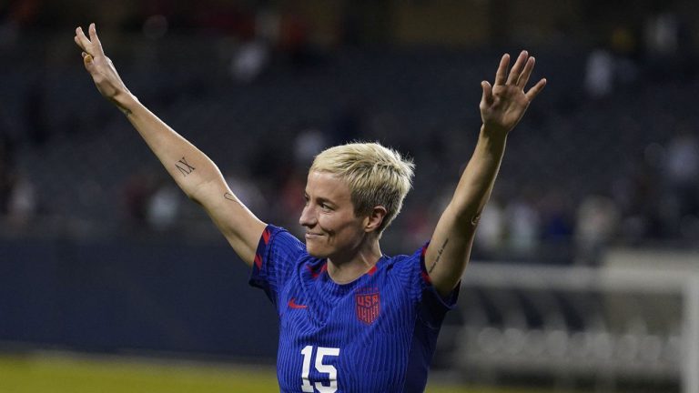 United States forward Megan Rapinoe finally leaves the field after a soccer game against South Africa and a special ceremony. (Erin Hooley/AP)