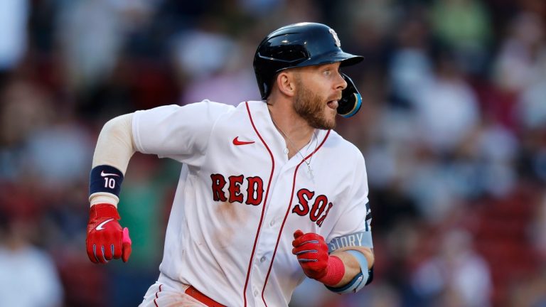 Boston Red Sox's Trevor Story runs on his three-run home run in the eighth inning during the first game of a baseball doubleheader against the New York Yankees in Boston, Thursday, Sept. 14, 2023. (Michael Dwyer/AP Photo)