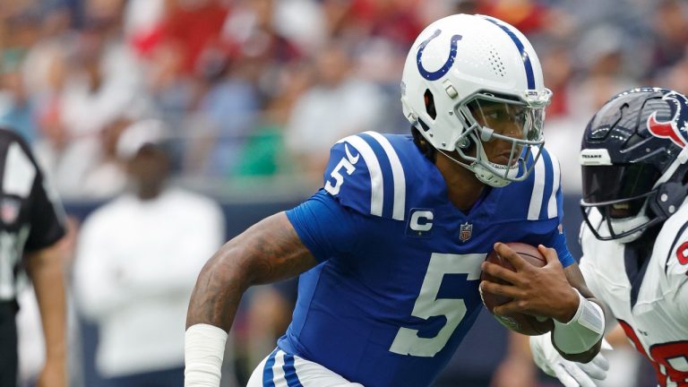 Indianapolis Colts quarterback Anthony Richardson (5) during an NFL football game against the Houston Texans, Sunday, Sep. 17, 2023, in Houston. (Tyler Kaufman/AP)