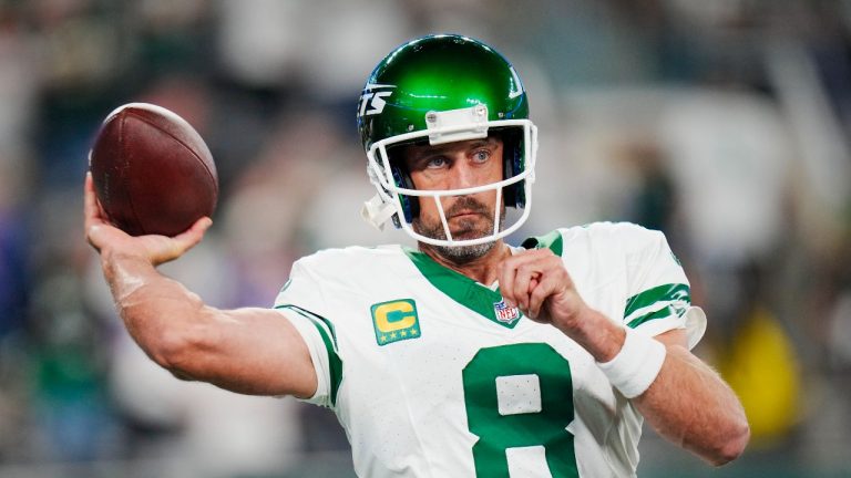 New York Jets quarterback Aaron Rodgers (8) warms up before an NFL football game against the Buffalo Bills on Monday, Sep. 11, 2023, in East Rutherford, N.J. (Rusty Jones/AP)