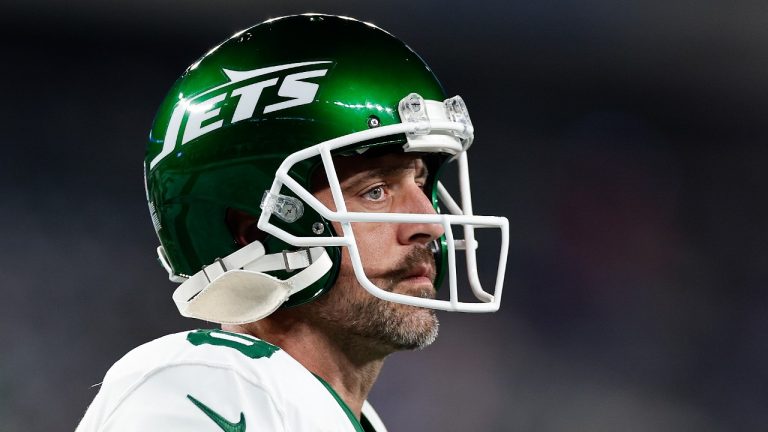 New York Jets quarterback Aaron Rodgers (8) warms up before playing against the Buffalo Bills in an NFL football game, Monday, Sept. 11, 2023, in East Rutherford, N.J. (Adam Hunger/AP)