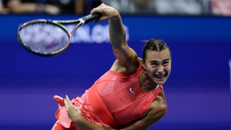 Aryna Sabalenka, of Belarus, serves to Daria Kasatkina, of Russia, during the fourth round of the U.S. Open tennis championships, Monday, Sept. 4, 2023, in New York. (Adam Hunger/AP)