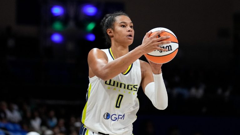 Dallas Wings forward Satou Sabally takes a shot during a WNBA basketball game against the Las Vegas Aces, Tuesday, Aug. 8, 2023, in Arlington, Texas. (Tony Gutierrez/AP)