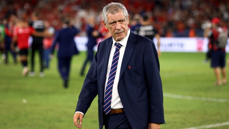 FILE - Poland's head coach Fernando Santos walks on the pitch after the Euro 2024 group E qualifying soccer match between Albania and Poland in Tirana, Albania, Sunday, Sept. 10, 2023. Fernando Santos' position as Poland coach remained uncertain Tuesday after he met with the president of the country's soccer federation following the team's poor start to European Championship qualifying. (Franc Zhurda/AP)