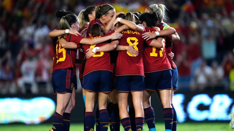 Spain's players celebrate a goal against Switzerland during the women's Nations League group D soccer match between Spain and Switzerland at the Nuevo Arcangel stadium in Cordoba, Spain, Tuesday, Sept. 26, 2023. (Jose Breton/AP)