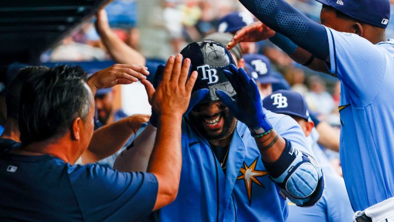 Tampa Bay Rays' Yandy Diaz celebrates a solo home run in the first inning of a baseball game against the Boston Red Sox at Tropicana Field in St. Petersburg, Fla., Thursday, April 13, 2023. (Ivy/Tampa Bay Times via AP)