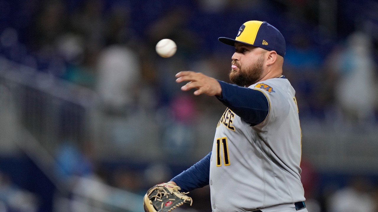 MILWAUKEE, WI - JUNE 26: Milwaukee Brewers infielder Rowdy Tellez (11) at  the plate during a game between the Milwaukee Brewers and Toronto Blue Jays  on June 26, 2022 at American Family