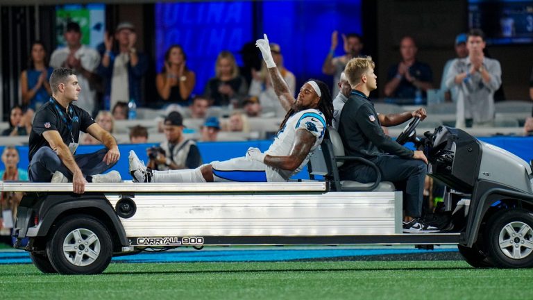 Carolina Panthers linebacker Shaq Thompson leaves the field after getting hurt against the New Orleans Saints during the first half of an NFL football game Monday, Sept. 18, 2023, in Charlotte, N.C. (Rusty Jones/AP)