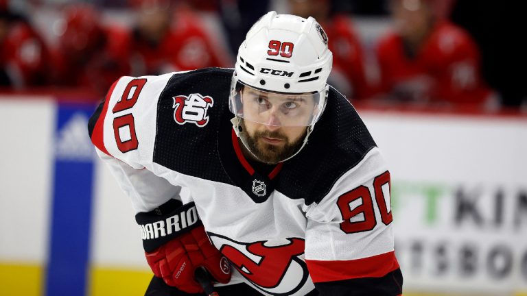 New Jersey Devils' Tomas Tatar (90) watches the puck against the Carolina Hurricanes during the first period of Game 2 of an NHL hockey Stanley Cup second-round playoff series in Raleigh, N.C., Friday, May 5, 2023. (Karl B DeBlaker/AP)