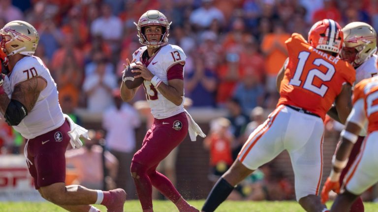 Florida State quarterback Jordan Travis looks to pass during the second half of an NCAA college football game against Clemson, Saturday, Sept. 23, 2023, in Clemson, S.C. (Jacob Kupferman/AP)