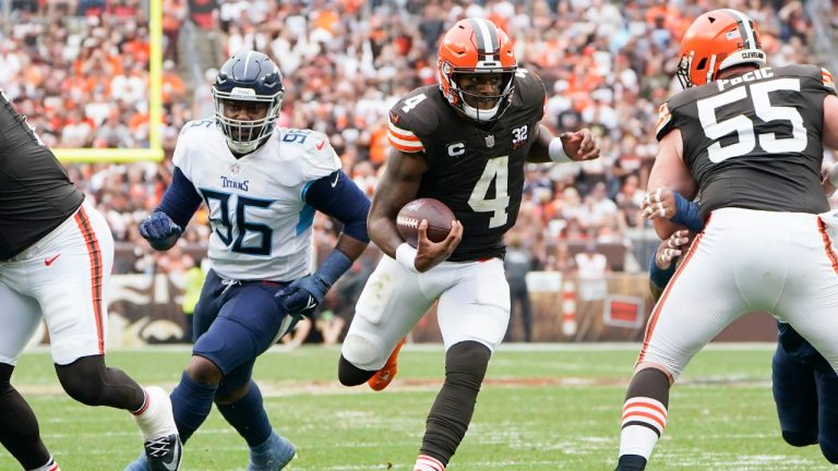 Cleveland Browns quarterback Deshaun Watson (4) during an NFL football game against the Tennessee Titans, Sunday, Sept. 24, 2023, in Cleveland. (Sue Ogrocki/AP)