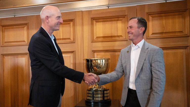 2024 President’s Cup captains Mike Weir, right, for the International Team and Jim Furyk, for the U.S. Team, shake hands on Tuesday, September 12, 2023 at Royal Montreal Golf Club in Ile-Bizard, Que. (Ryan Remiorz/THE CANADIAN PRESS)