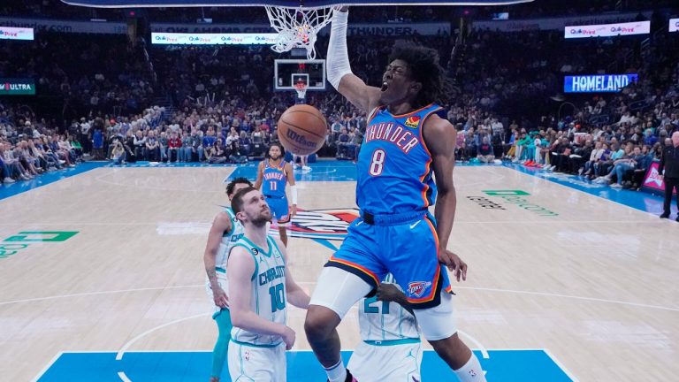 FILE - Oklahoma City Thunder forward Jalen Williams (8) dunks in front of Charlotte Hornets' guard Svi Mykhailiuk (10) in the first half of an NBA basketball game, March 28, 2023, in Oklahoma City. The Oklahoma City Council voted Tuesday, Sept. 26, to set a Dec. 12 citywide vote on a proposed 1 per cent sales tax for six years that would fund a new $900 million downtown arena and keep the NBA's Thunder in the city through at least 2050. (Sue Ogrocki/AP)