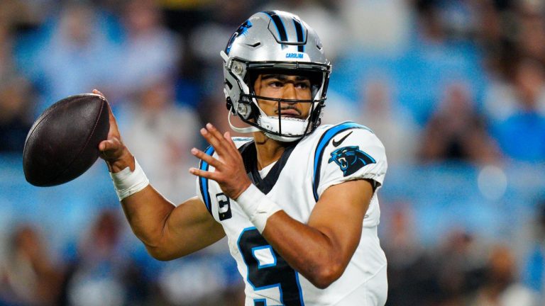 Carolina Panthers quarterback Bryce Young passes against the New Orleans Saints during the second half of an NFL football game Monday, Sept. 18, 2023, in Charlotte, N.C. (Jacob Kupferman/AP)