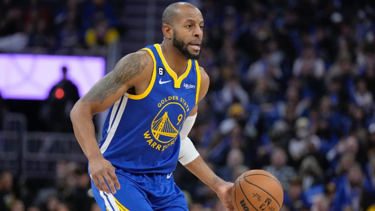 Andre Iguodala (9) passes the ball during the second half of an NBA basketball game against the Orlando Magic in San Francisco, Saturday, Jan. 7, 2023. (Jeff Chiu/AP)