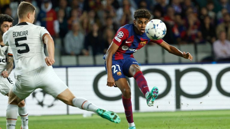 Barcelona's Lamine Yamal makes an attempt to score during the Champions League Group H soccer match between Barcelona and Shakhtar Donetsk at the Olympic Stadium in Barcelona, Spain, Wednesday, Oct. 25, 2023. (Joan Monfort/AP Photo)