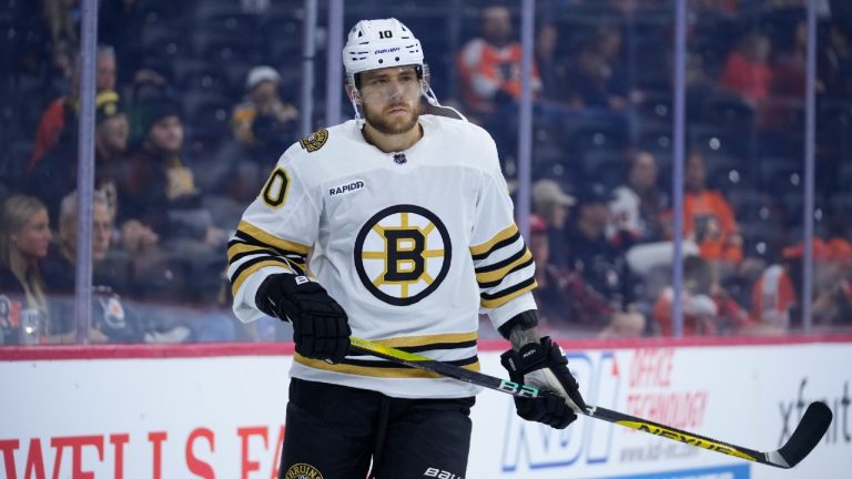 Boston Bruins' A.J. Greer plays during a preseason NHL hockey game, Monday, Oct. 2, 2023, in Philadelphia. (Matt Slocum/AP)