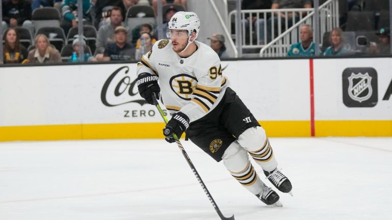 Boston Bruins center Jakub Lauko during an NHL hockey game against the San Jose Sharks in San Jose, Calif., Thursday, Oct. 19, 2023. (Jeff Chiu/AP)