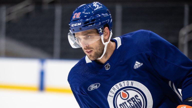 Edmonton Oilers Brandon Sutter (20) skates during training camp in Edmonton, Alta., on Friday September 22, 2023. (Jason Franson/CP)