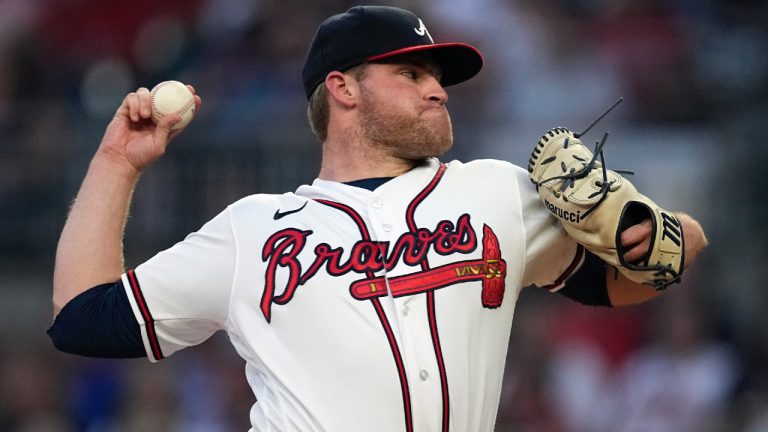 Atlanta Braves starting pitcher Bryce Elder works against the Chicago Cubs in the first inning of a baseball game, Tuesday, Sept. 26, 2023, in Atlanta. (John Bazemore/AP)