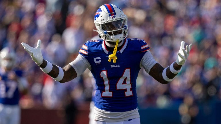 Buffalo Bills wide receiver Stefon Diggs (14) reacts during an NFL football game, Sunday, Oct. 1, 2023, in Orchard Park, NY. (Matt Durisko/AP)