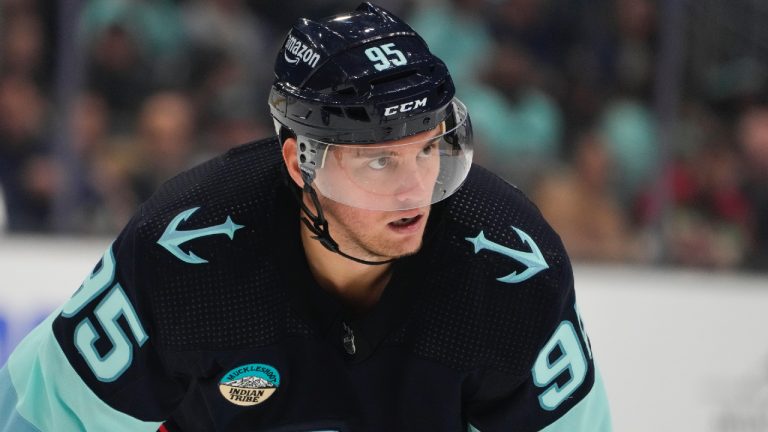 Seattle Kraken left wing Andre Burakovsky (95) looks on against the Colorado Avalanche during the third period of an NHL hockey game Tuesday, Oct. 17, 2023, in Seattle. (Lindsey Wasson/AP)