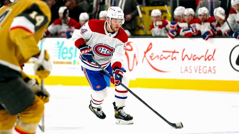 Montreal Canadiens defenseman Jordan Harris skates with the puck during the third period of an NHL hockey game against the Vegas Golden Knights, Sunday, March 5, 2023, in Las Vegas. (AP)