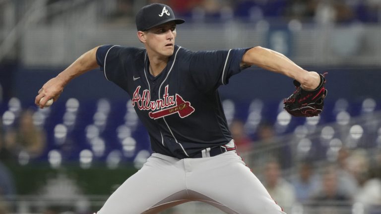 Atlanta Braves starting pitcher Kyle Wright (30) aims a pitch during the third inning of a baseball game against the Miami Marlins, Wednesday, May 3, 2023, in Miami. (Marta Lavandier/AP)