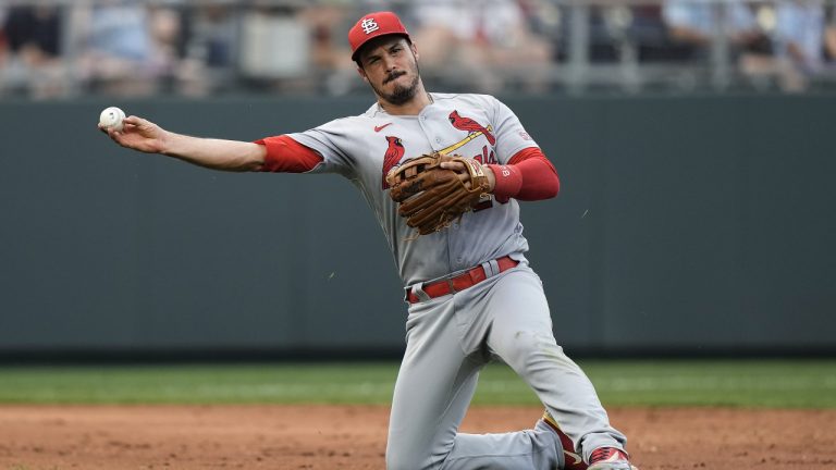 St. Louis Cardinals third baseman Nolan Arenado throws to first for the out on Kansas City Royals' Samad Taylor during the third inning of a baseball game Saturday, Aug. 12, 2023, in Kansas City, Mo. (Charlie Riedel/AP)