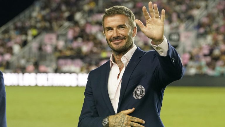 Inter Miami co-owner David Beckham waves before a Leagues Cup soccer match Adam Grinwis, Wednesday, Aug. 2, 2023, in Fort Lauderdale, Fla. (Lynne Sladky/AP)