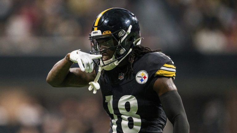 Pittsburgh Steelers wide receiver Diontae Johnson (18) celebrates during the first half of an NFL preseason football game against the Atlanta Falcons, Thursday, Aug. 24, 2023, in Atlanta. The Pittsburgh Steelers won 24-0. (Danny Karnik/AP)