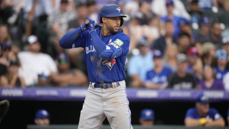 Toronto Blue Jays right fielder George Springer (4) in the sixth inning of a baseball game Sunday, Sept. 3, 2023, in Denver. (David Zalubowski/AP)