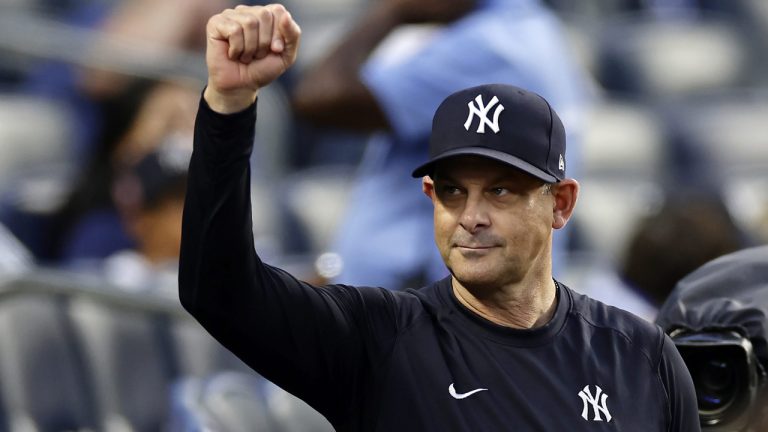 New York Yankees manager Aaron Boone (17) reacts against the Detroit Tigers during the first inning of a baseball game Thursday, Sept. 7, 2023, in New York. (Adam Hunger/AP)