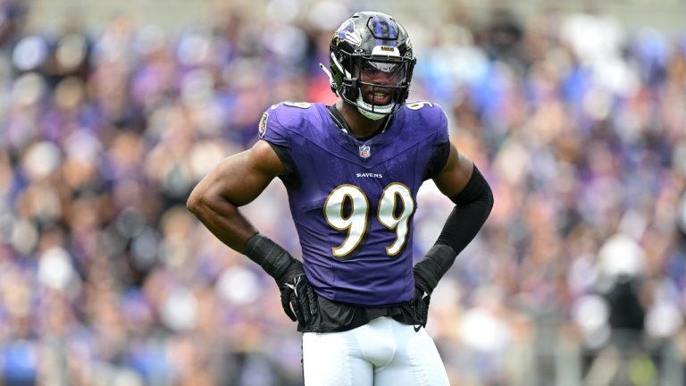 Baltimore Ravens linebacker Odafe Oweh (99) looks on between plays during the first half of an NFL football game against the Houston Texans, Sunday, Sept. 10, 2023, in Baltimore. (AP)