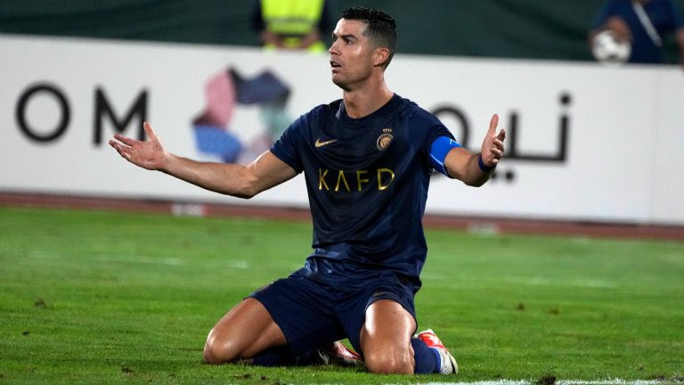 Saudi Arabia's Al Nassr Cristiano Ronaldo reacts in a match with Iran's Persepolis during their AFC Champions League soccer match at the Azadi Stadium in Tehran, Iran, Tuesday, Sept. 19, 2023. (Vahid Salemi/AP) 