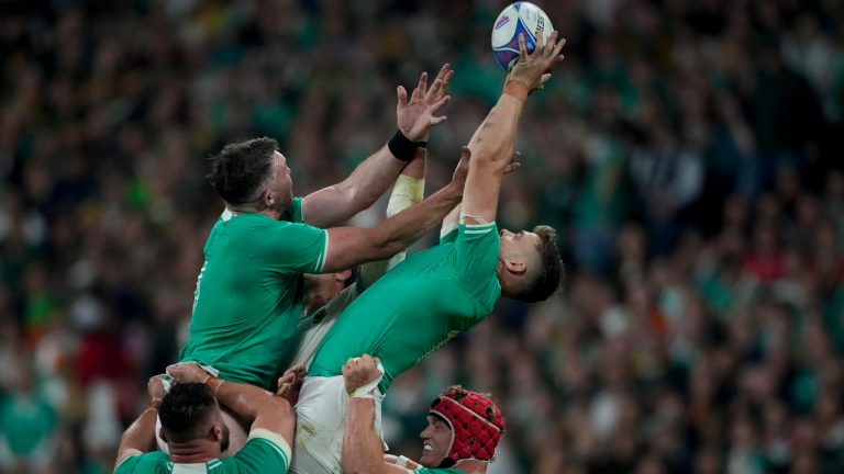 Ireland's Garry Ringrose catches the line-out ball during the Rugby World Cup Pool B match between South Africa and Ireland at the Stade de France in Saint-Denis, outside Paris, Saturday, Sept. 23, 2023. (Christophe Ena/AP) 