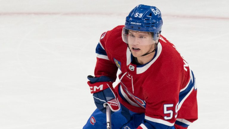 Montreal Canadiens Mattias Norlinder (59) skates during NHL pre-season hockey action in Montreal, Wednesday, Sept. 27, 2023. (Christinne Muschi/CP)