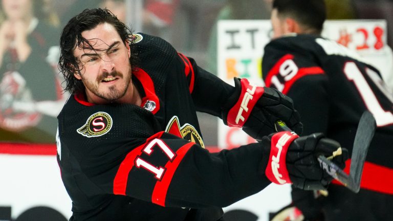 Ottawa Senators centre Zack MacEwen (17) warms up prior to taking on the Winnipeg Jets during in pre-season NHL hockey action in Ottawa on Friday, Sept. 29, 2023. (Sean Kilpatrick/CP)