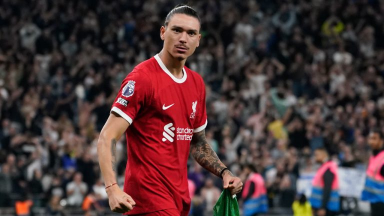 Liverpool's Darwin Nunez leaves the field at the end of the English Premier League soccer match between Tottenham Hotspur and Liverpool at the Tottenham Hotspur Stadium, in London, England, Saturday, Sept. 30, 2023. Tottenham won 2-1. (Alberto Pezzali/AP) 