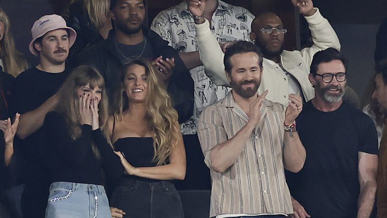 Taylor Swift, left, reacts during the first quarter of an NFL football game between the New York Jets and the Kansas City Chiefs, Sunday, Oct. 1, 2023, in East Rutherford, N.J. (Adam Hunger/AP)