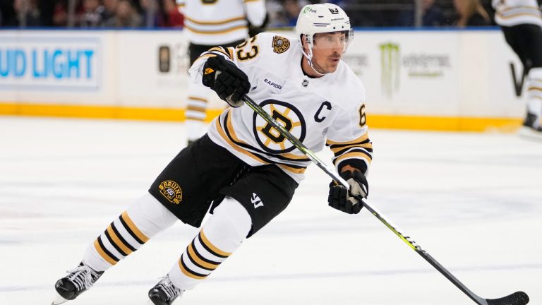 Boston Bruins captain Brad Marchand during the first period of an NHL preseason hockey game against the New York Rangers Thursday, Oct. 5, 2023, in New York. (Frank Franklin II/AP) 