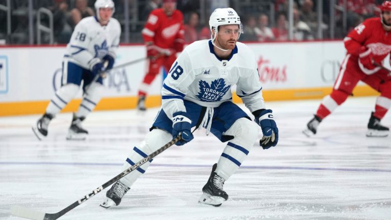 Toronto Maple Leafs forward Noah Gregor (18) plays against the Detroit Red Wings in the first period of an NHL preseason hockey game Saturday, Oct. 7, 2023, in Detroit. (Paul Sancya/AP) 