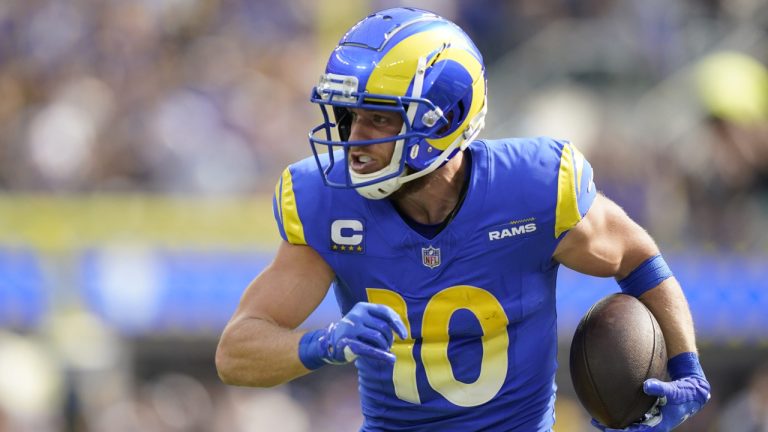 Los Angeles Rams wide receiver Cooper Kupp (10) runs after a catch during the first half of an NFL football game Sunday, Oct. 15, 2023, in Inglewood, Calif. (Ryan Sun/AP)