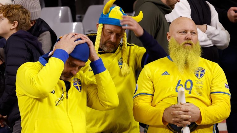 Sweden supporters wait on the stands after suspension of the Euro 2024 group F qualifying soccer match between Belgium and Sweden at the King Baudouin Stadium in Brussels, Monday, Oct. 16, 2023. The match was abandoned at halftime after two Swedes were killed in a shooting in central Brussels before kickoff. (AP)